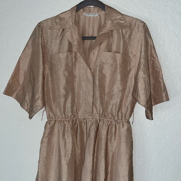 Utility Vintage 80s Button Down Fit and Flare Khaki Belted Shirtdress pockets - Picture 5 of 11
